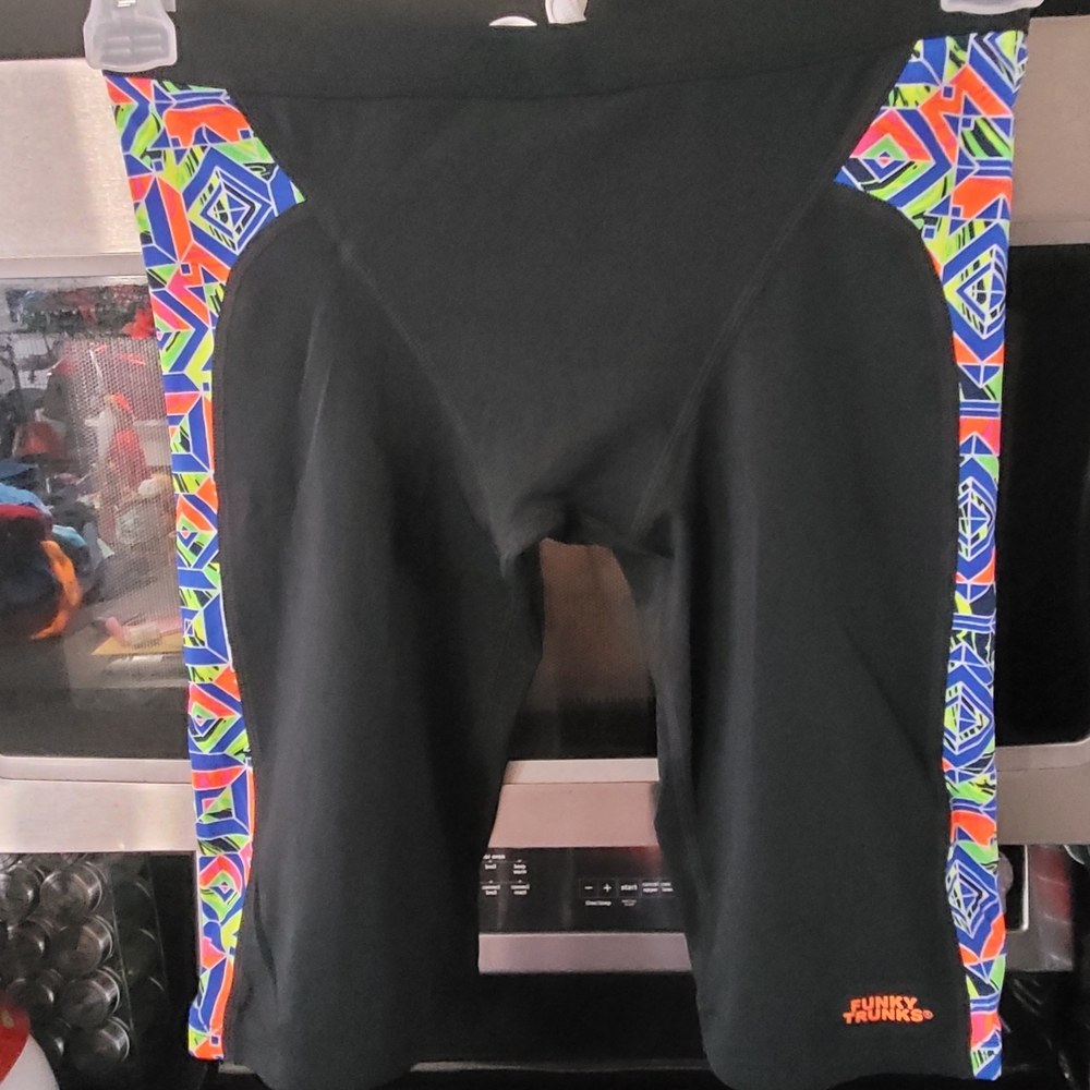 Men's Black Swim Trunks with Multicolor Accents